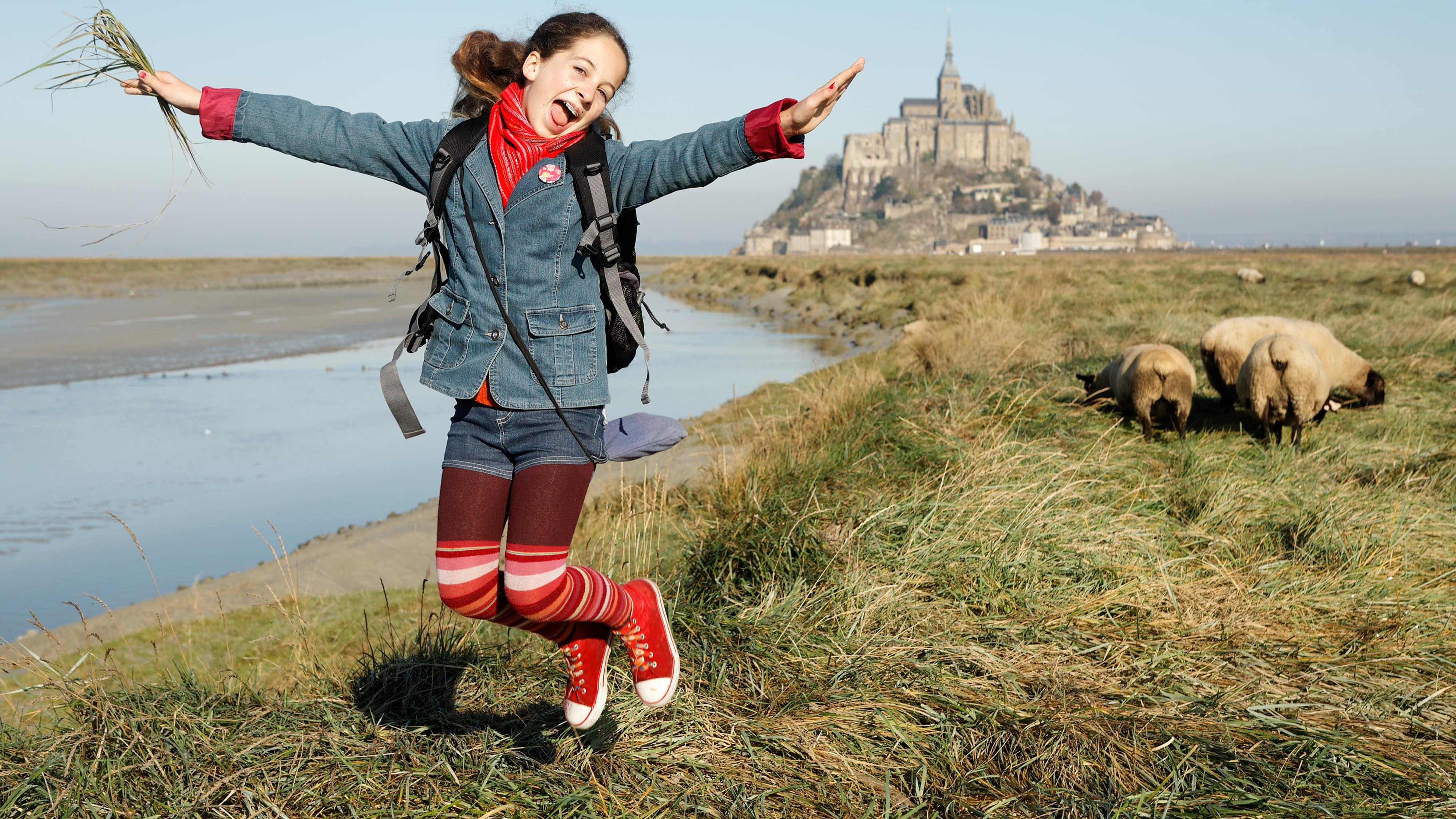 Une enfant qui saute en l’air dans un pré avec des moutons avec le Mont-Saint-Michel en arrière-plan