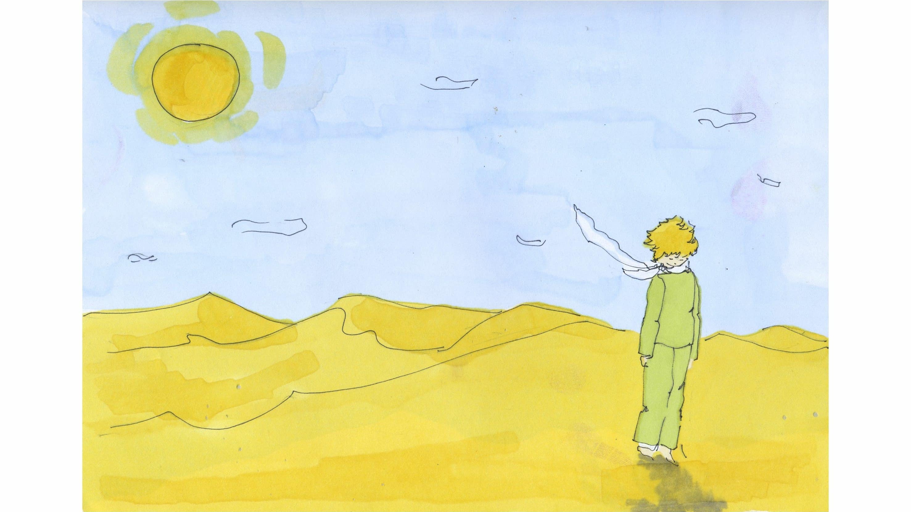 Dessin illustrant le personnage du Petit Prince dans le désert