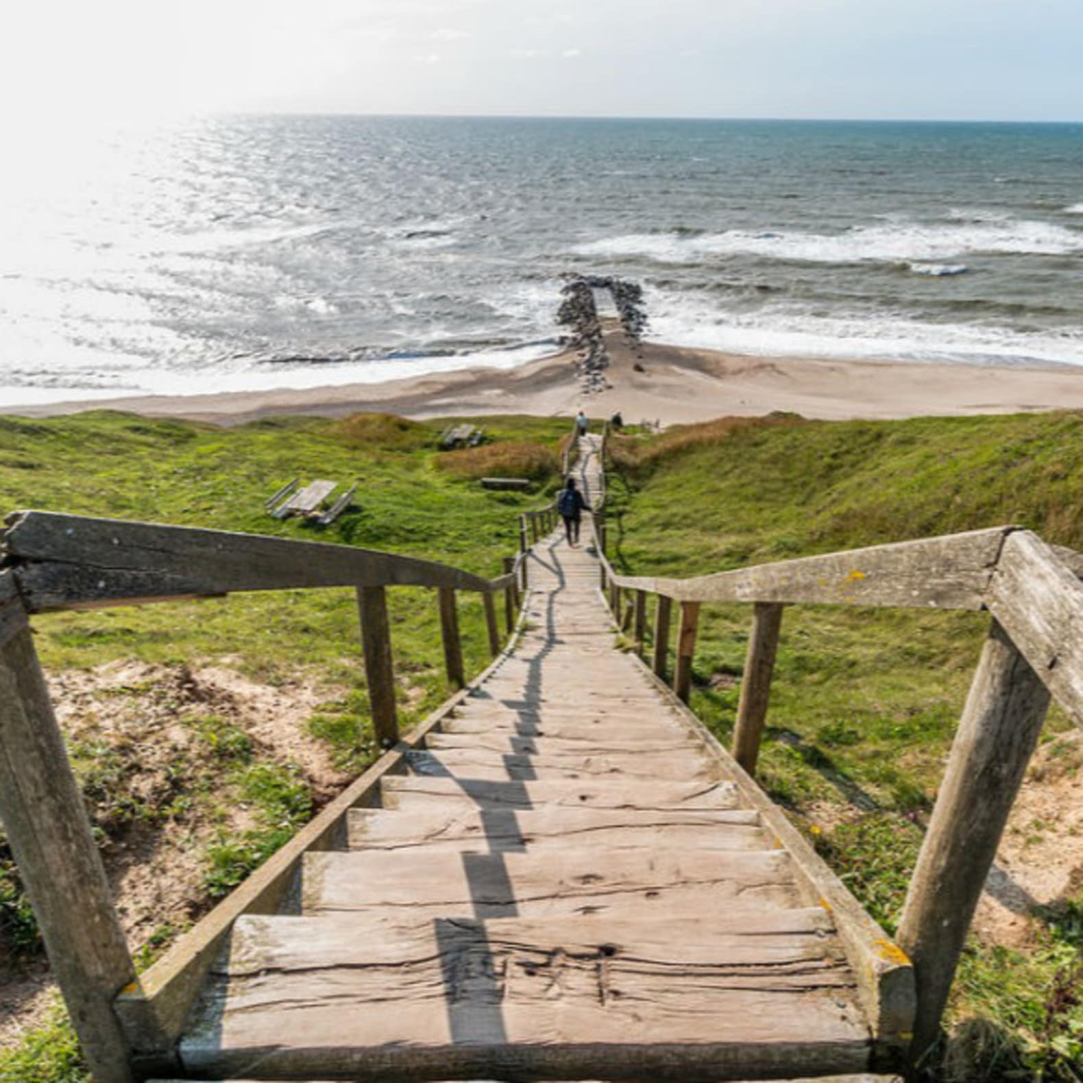 Escalier en bois, plage, mer du Nord, Danemark, location mer du nord