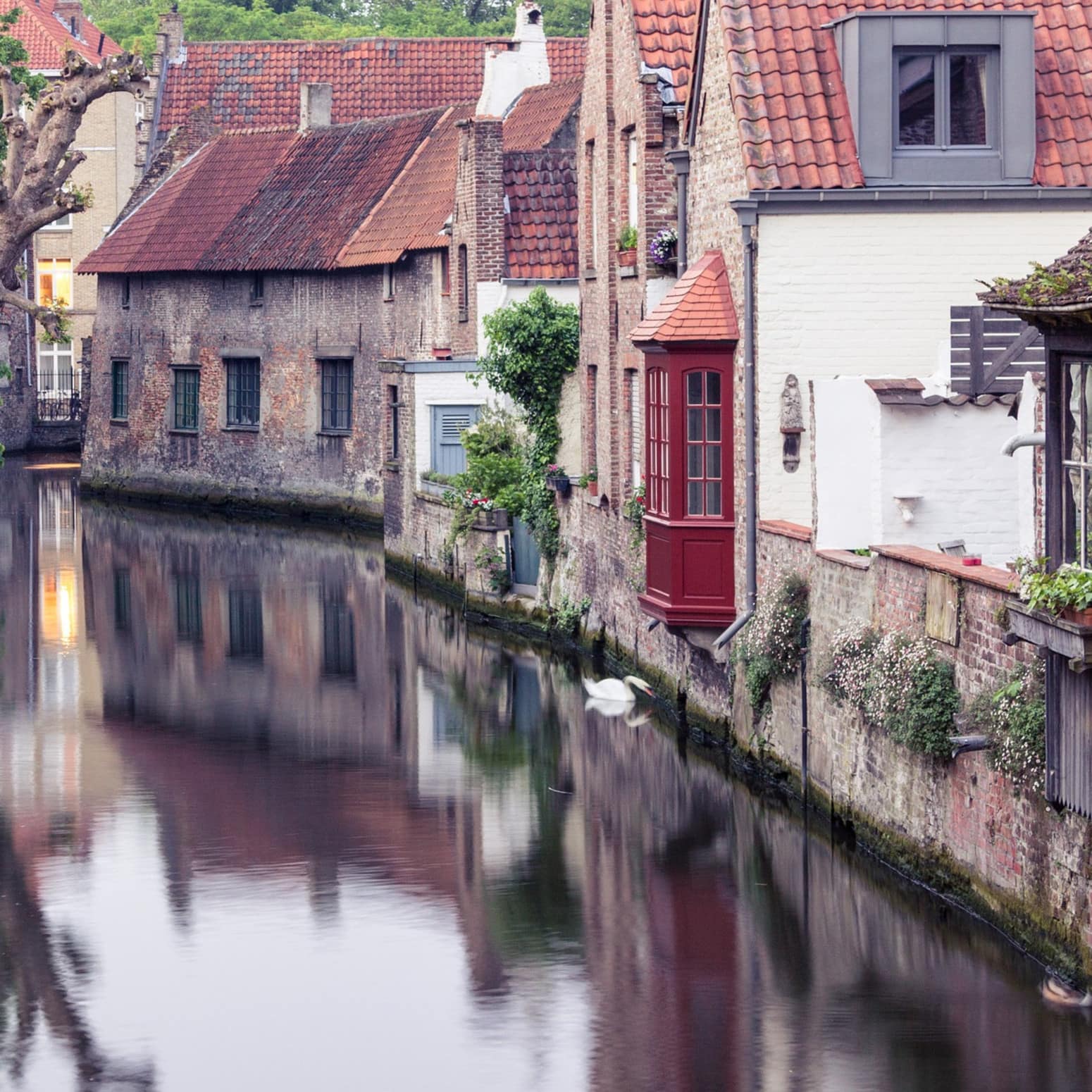 Vue sur un canal et des maisons à Bruges, Belgique