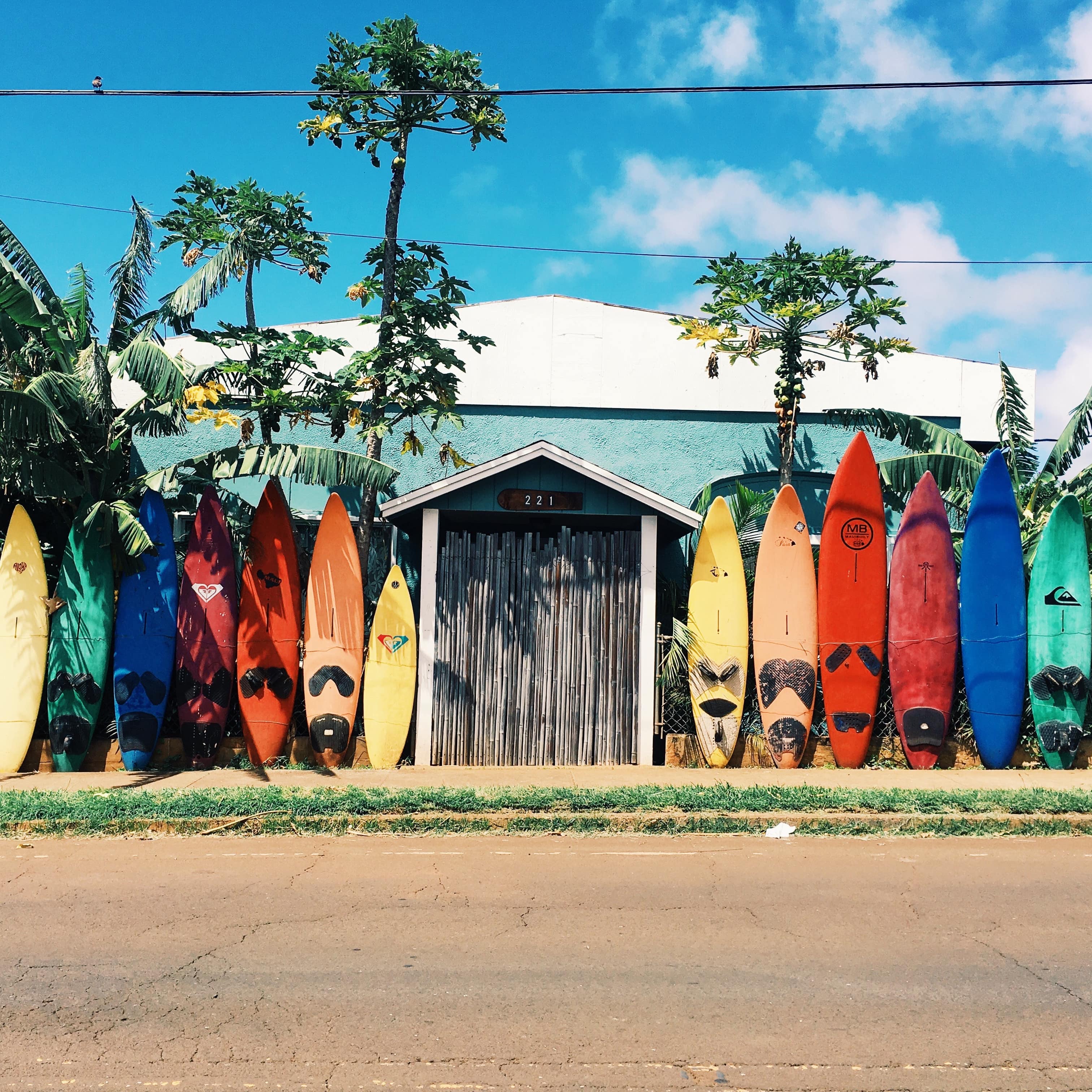 Surfboards lined up in front of a beach hut in Hawaii