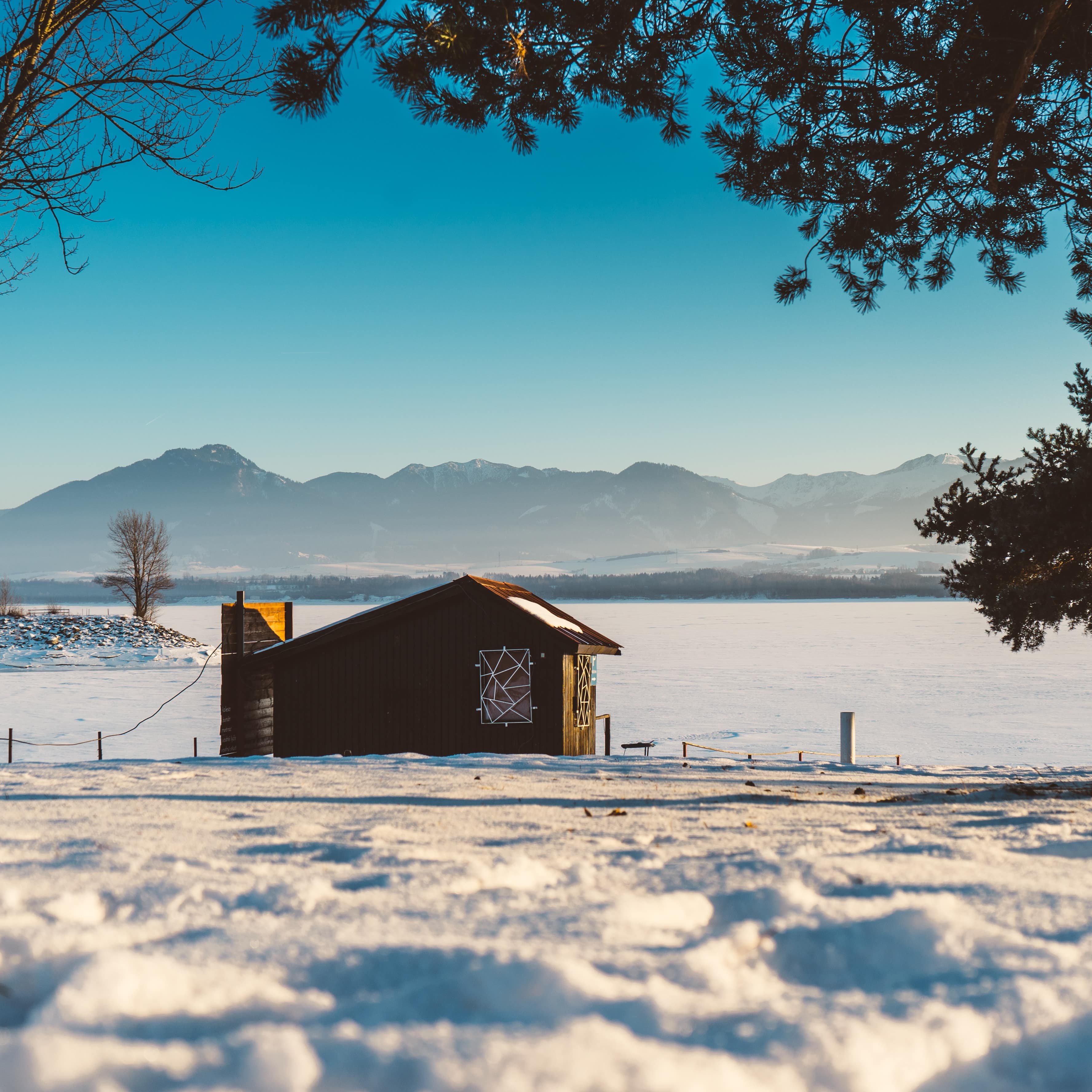 Un petit chalet en bois habitable et isolé au milieu d’un paysage enneigé