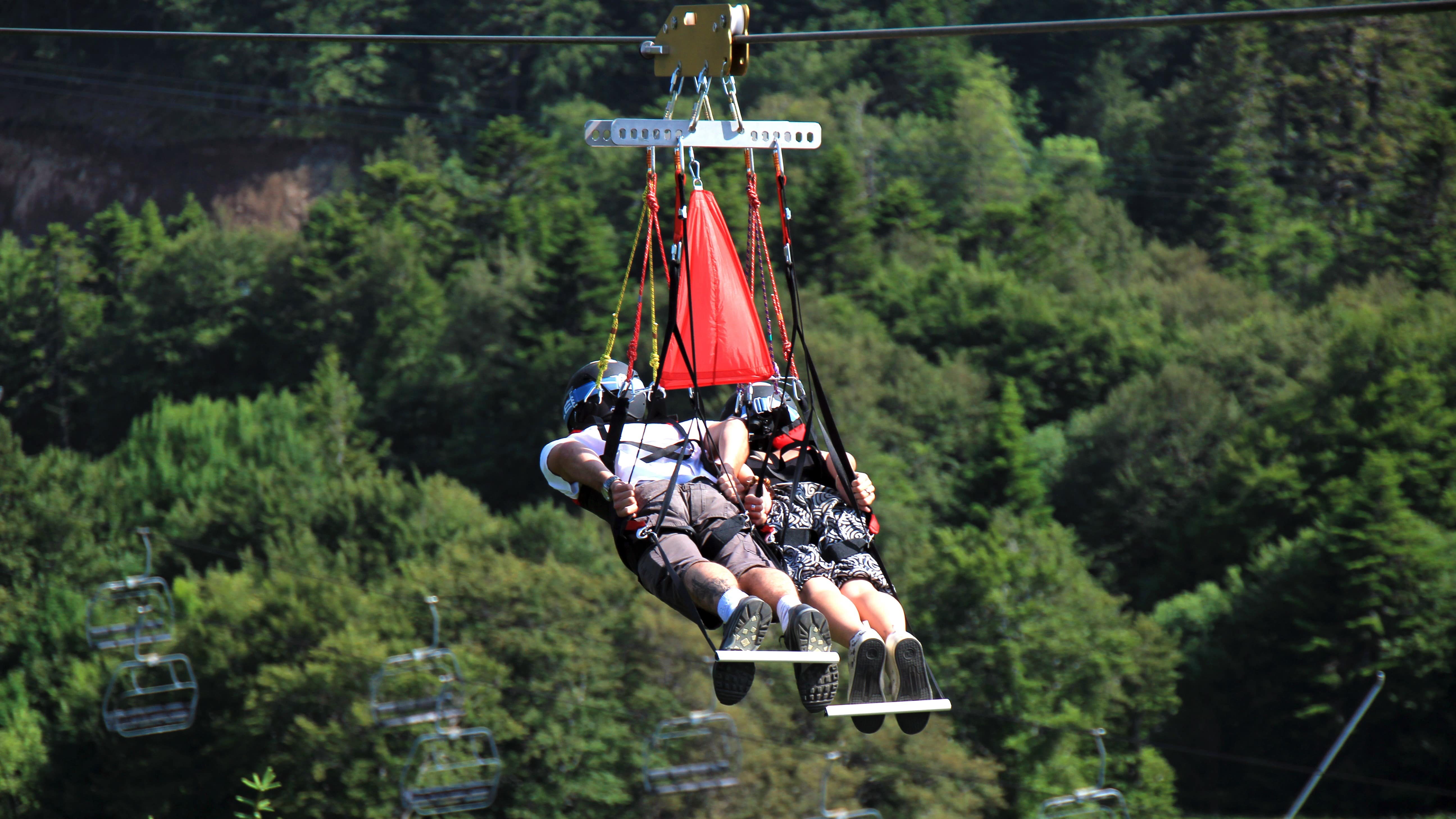 Couple survolant la cime des arbres en tyrolienne