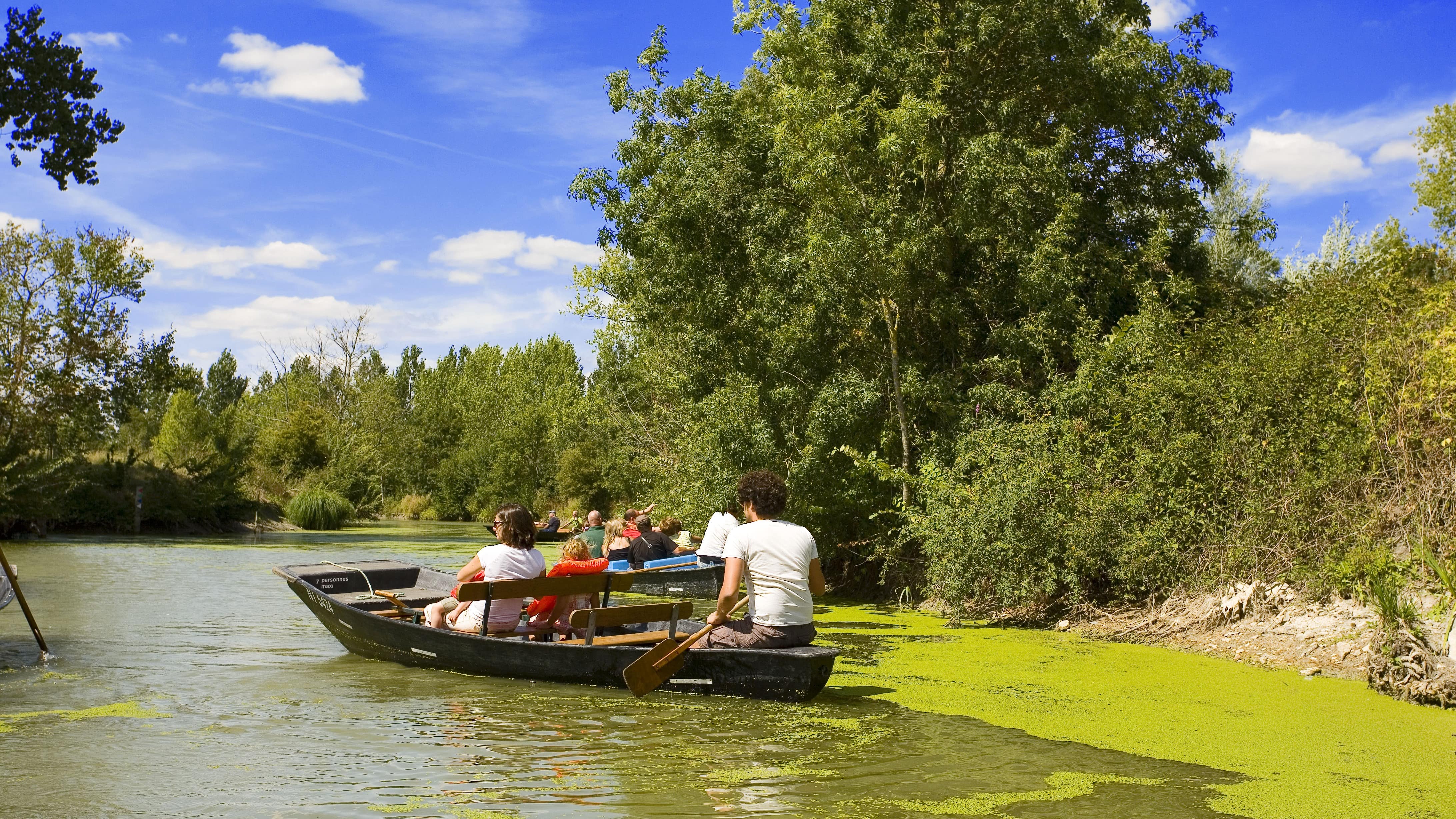Des familles se promènent en barque dans le Marais poitevin