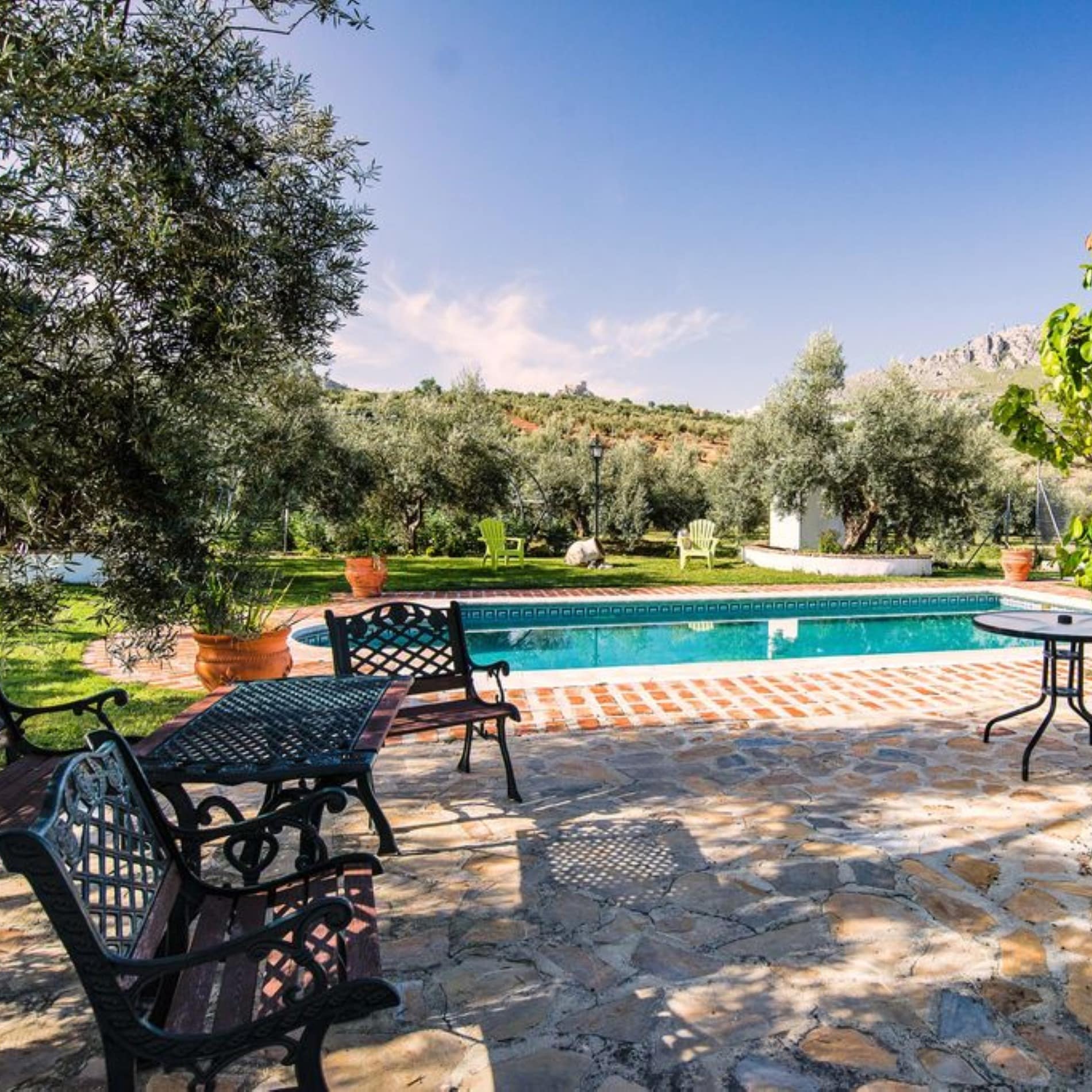 Amplio jardín con piscina de una casa rural de agroturismo en Andalucía