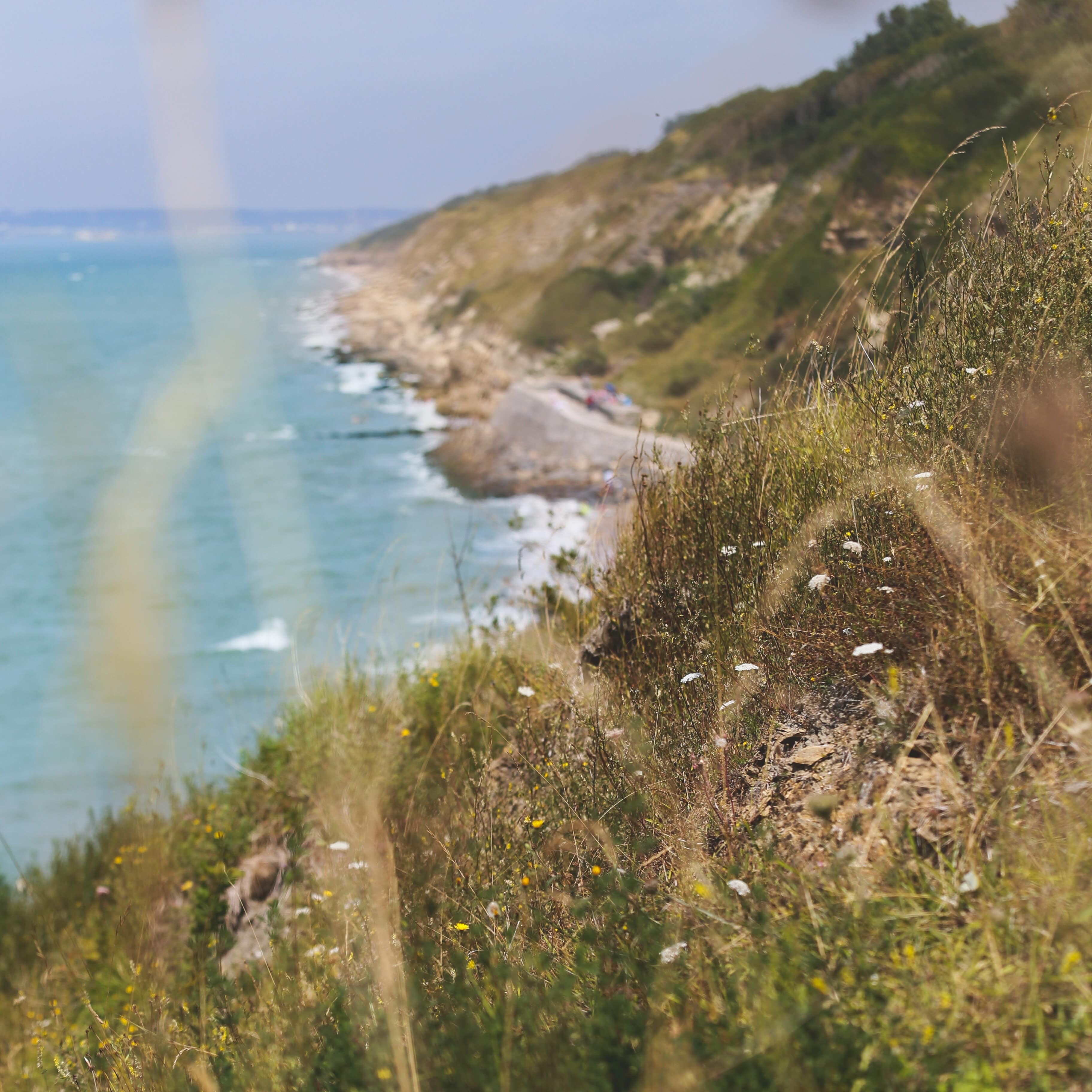 Vue sur la mer depuis le haut d’une dune, Trouville-sur-Mer, France