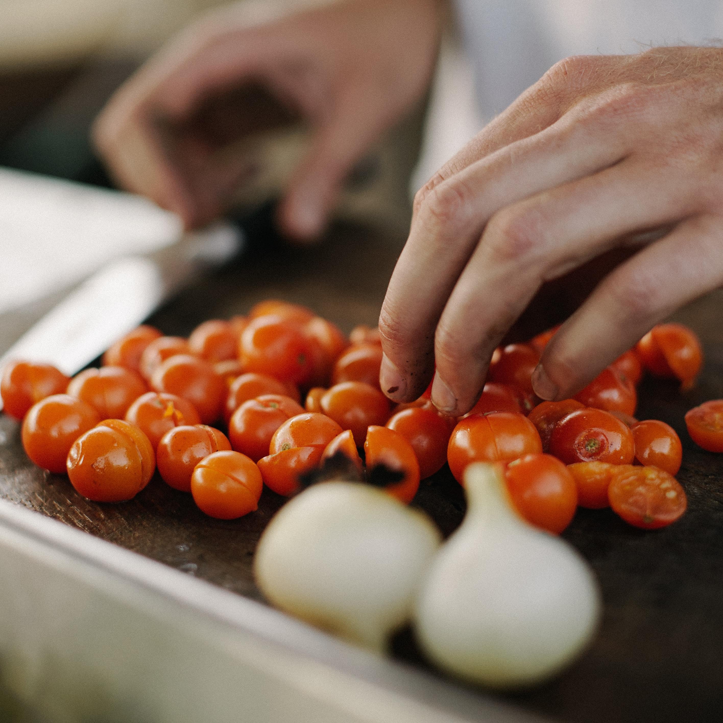 Homme coupant des tomates et de l’ail