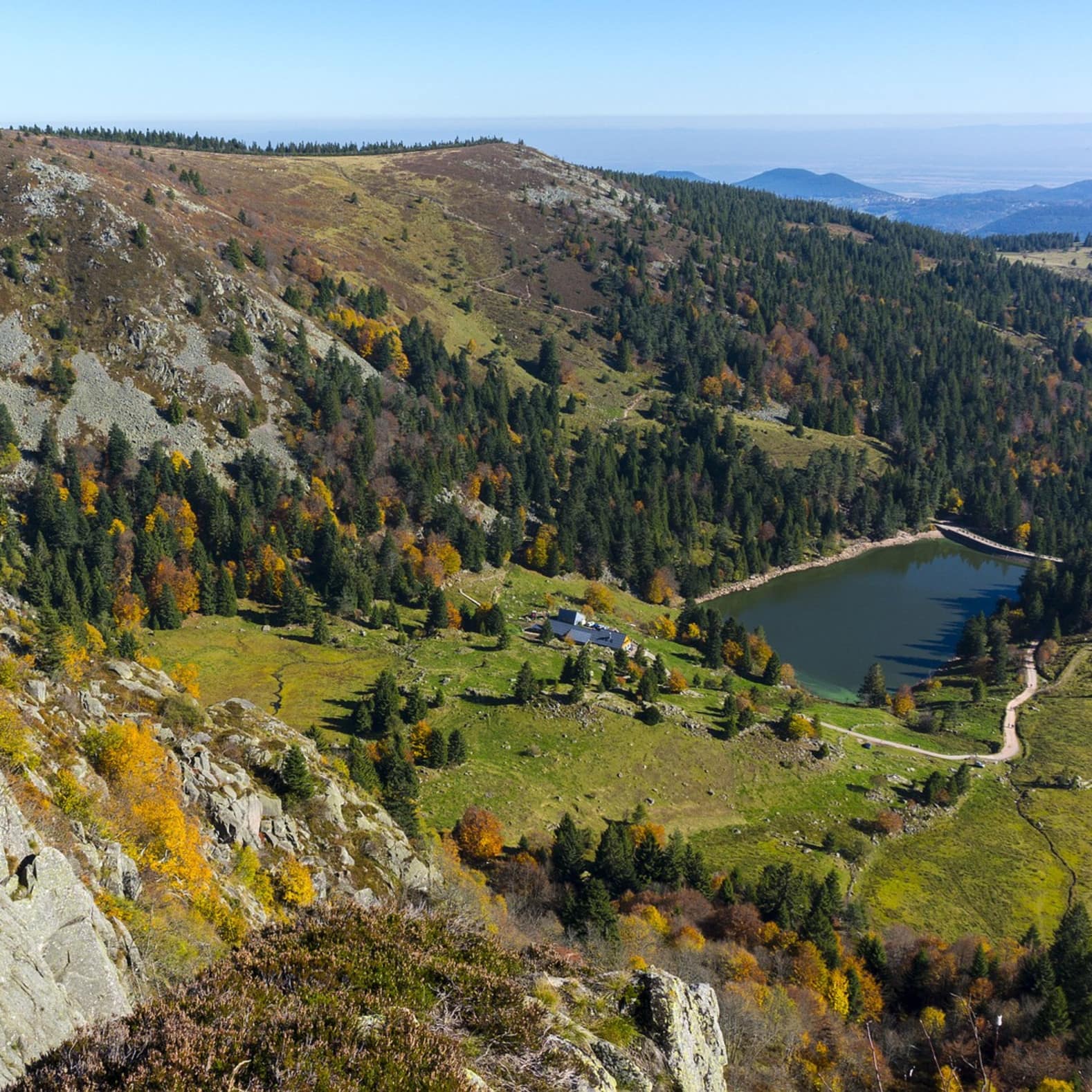 Une maison chalet au milieu du paysage montagnard des Vosges en été