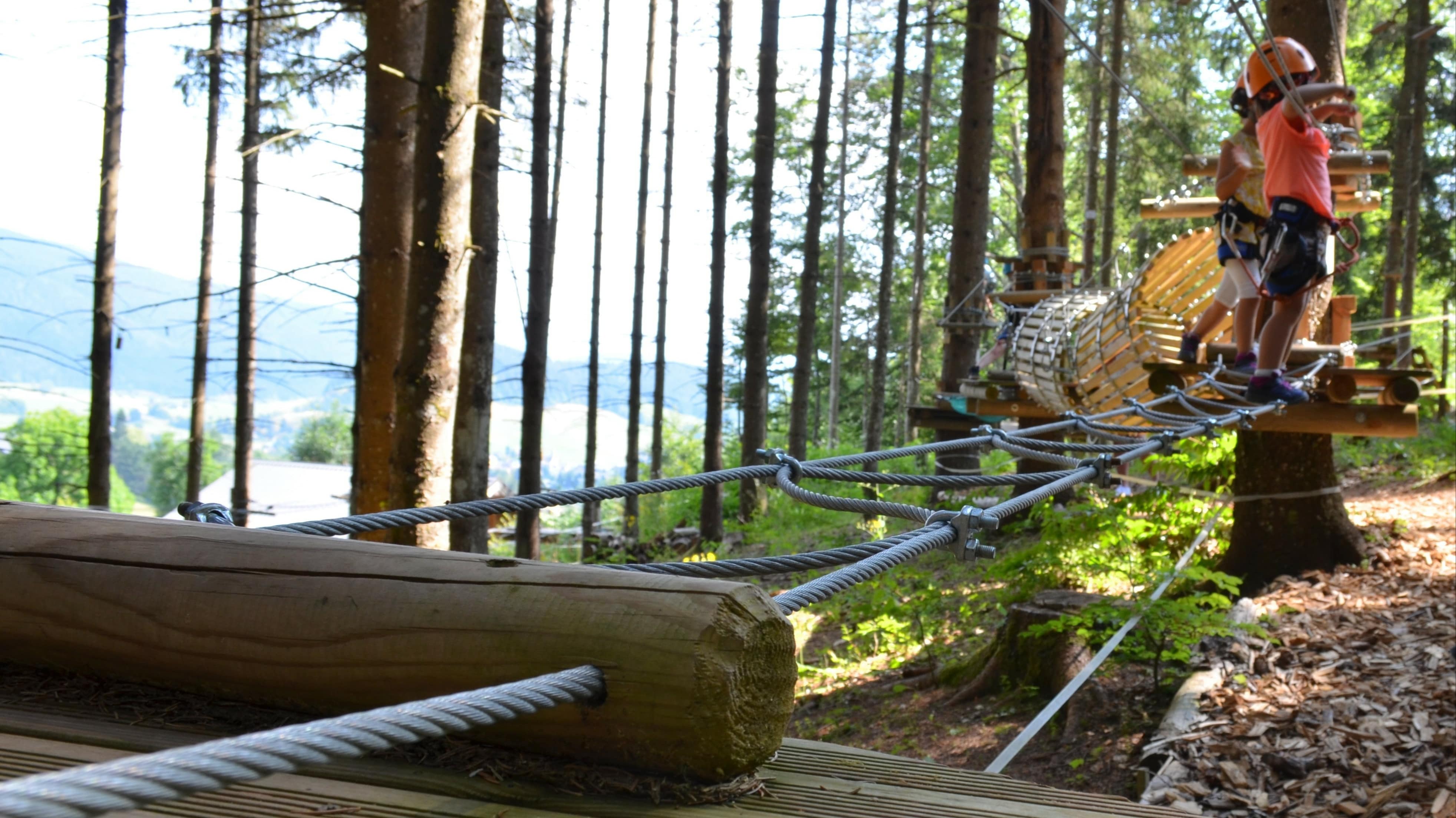 Deux enfants casqués et équipés de baudriers qui avancent sur un pont en cordes au milieu des arbres