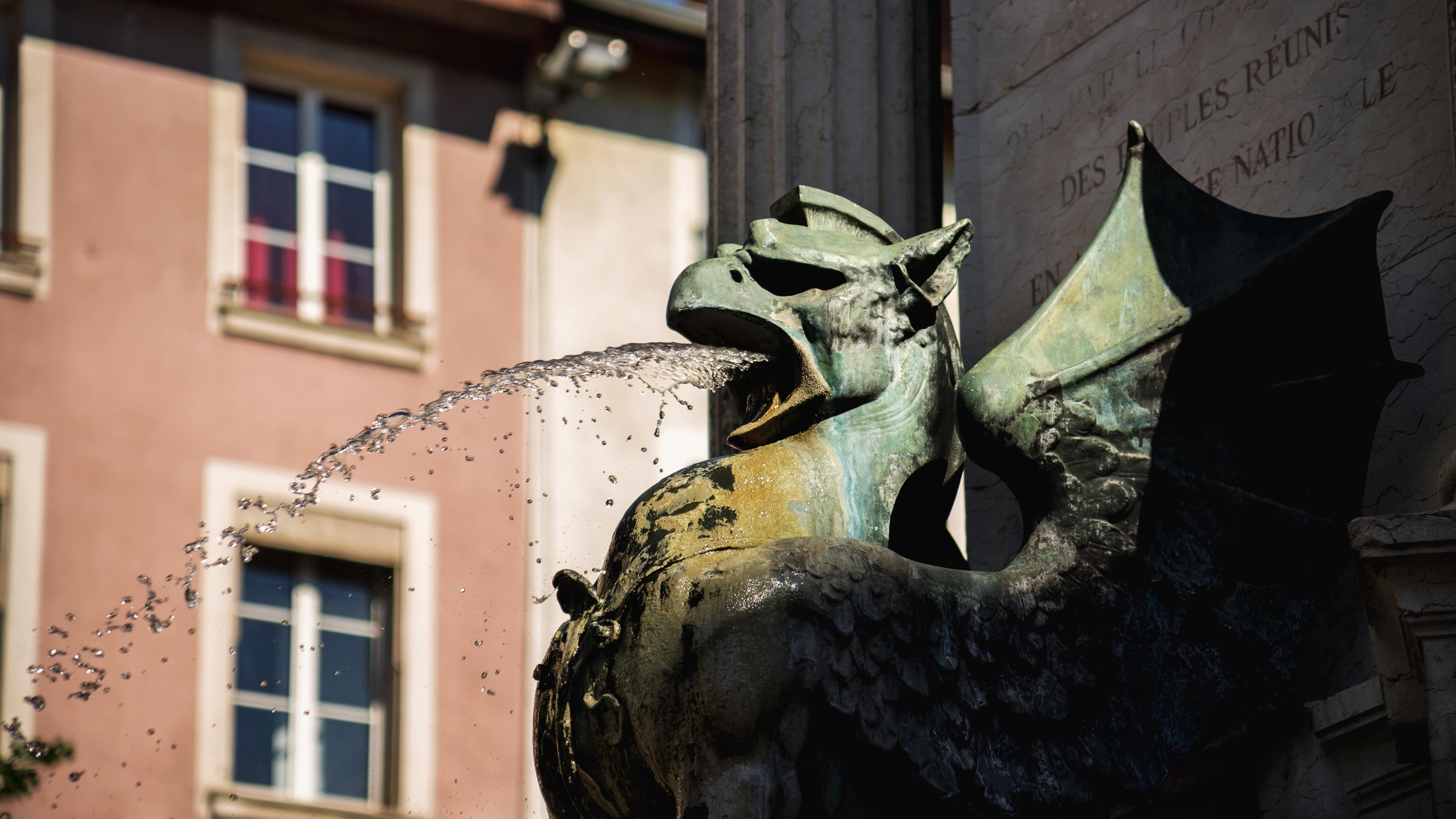 Détail d’un griffon sur la Fontaine des Trois ordres, place Notre-Dame à Grenoble