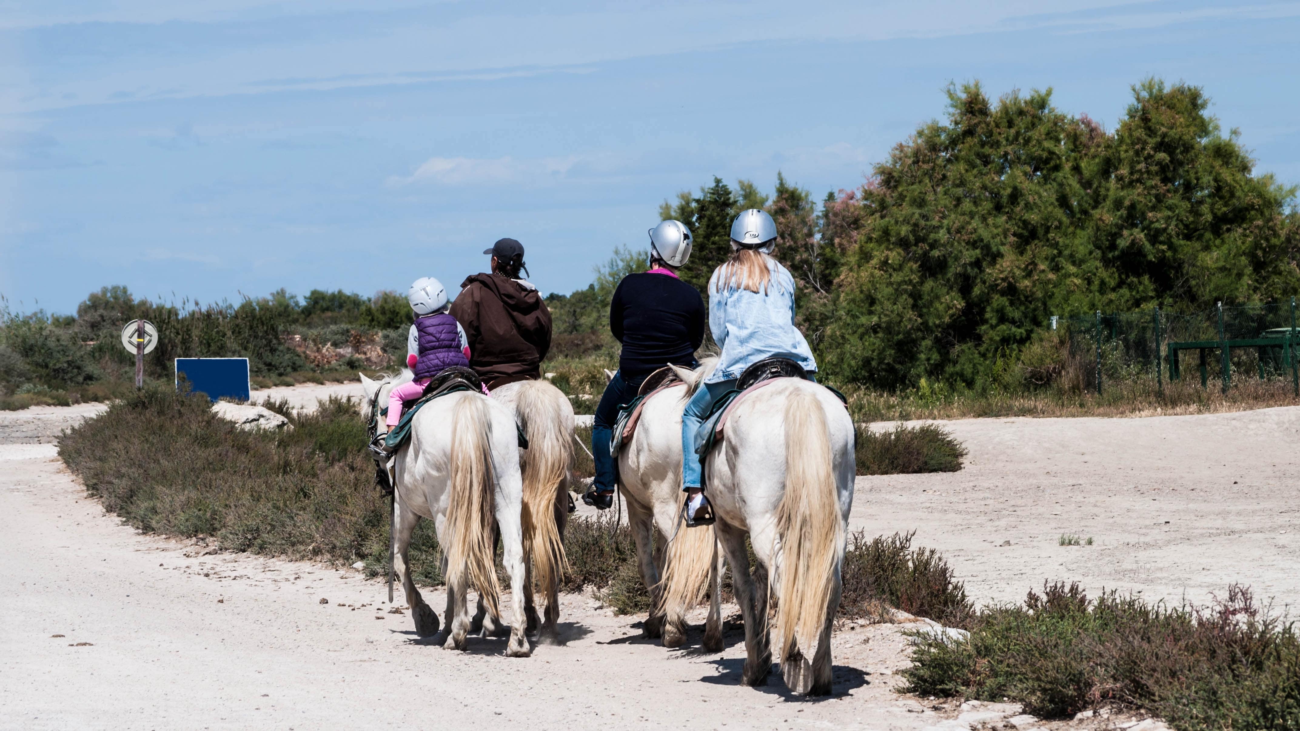 Une famille de dos, en promenade à cheval en Camargue