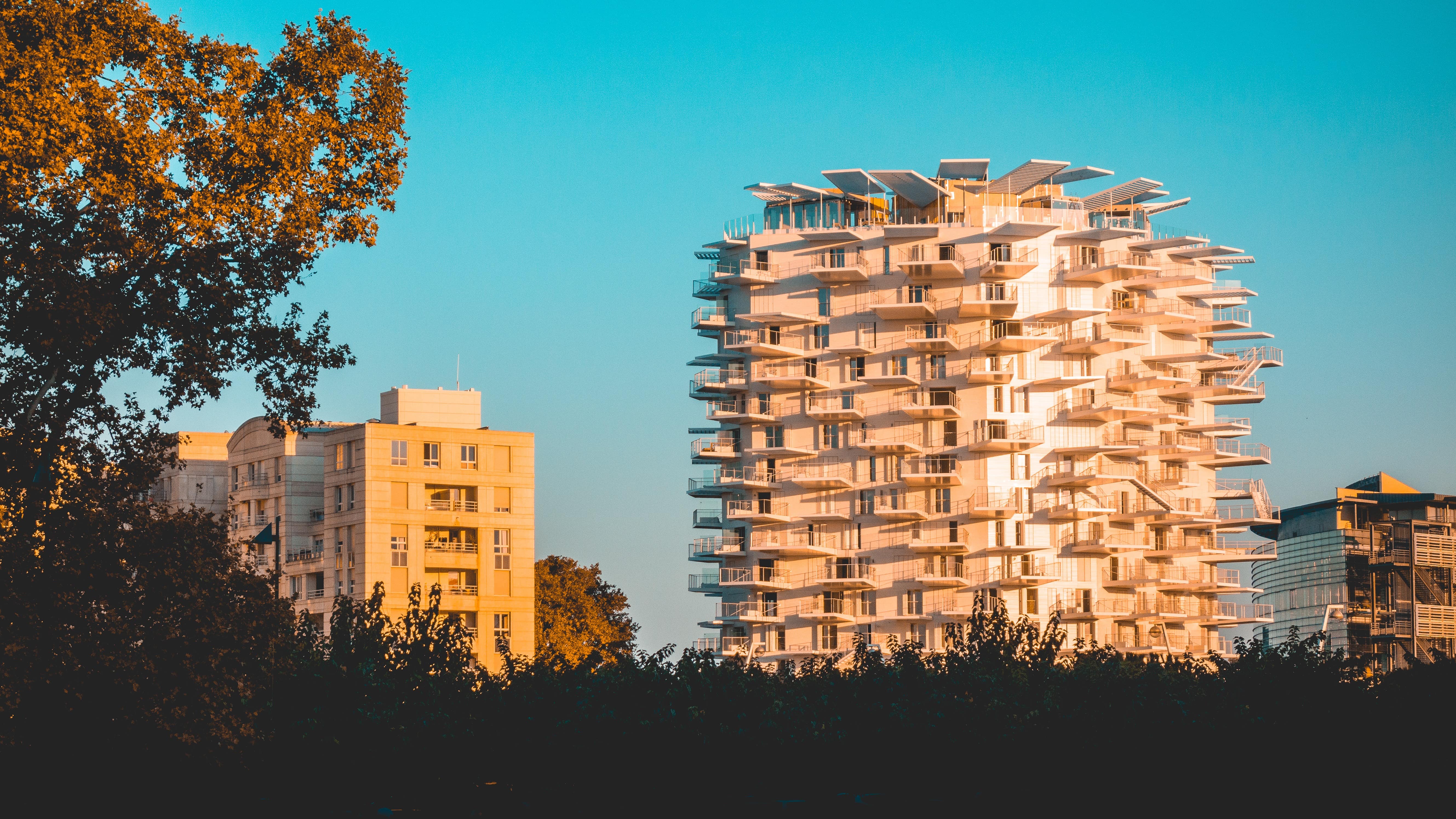 Vue sur la tour dite « Arbre blanc » ainsi que sur le parc environnant