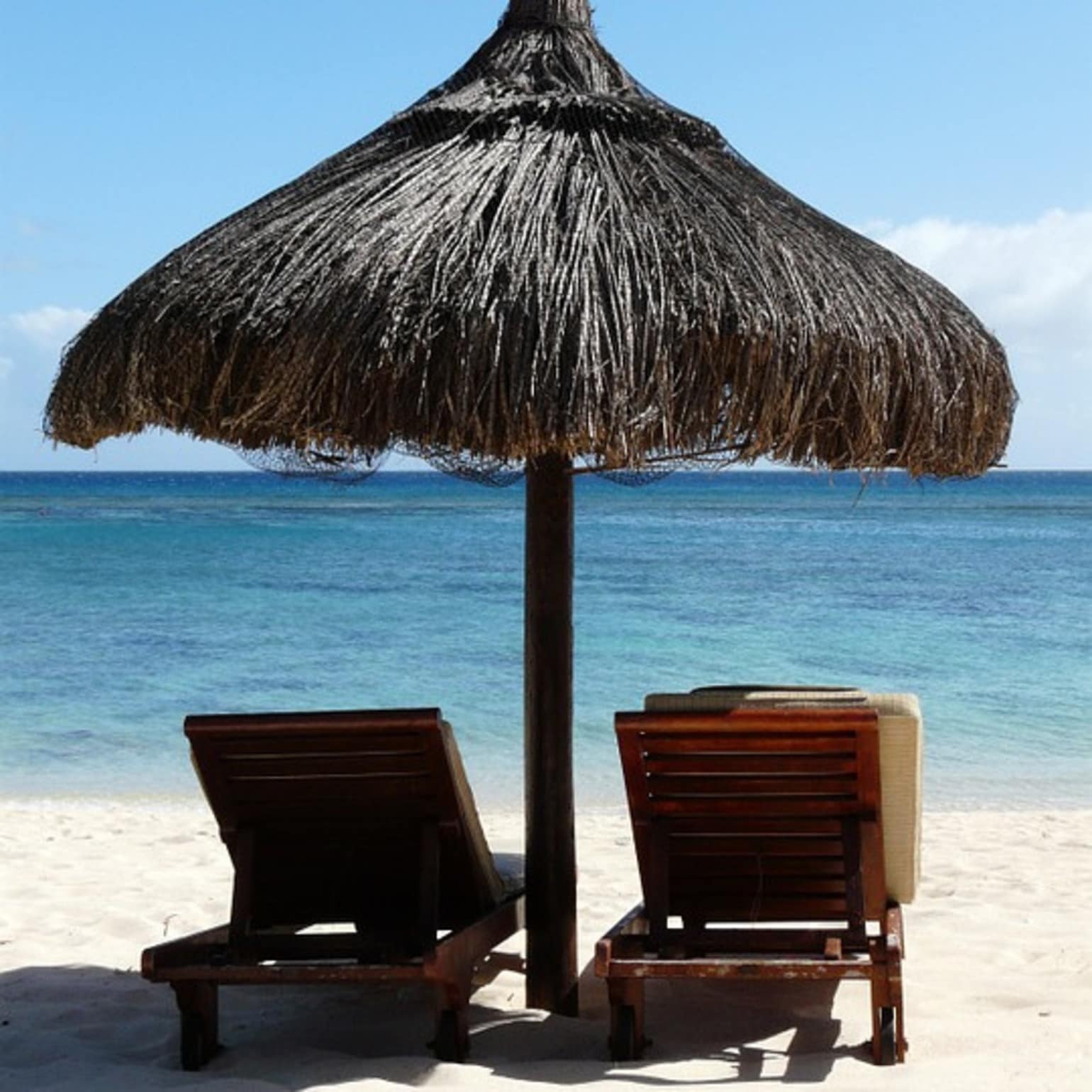ou partir en novembre au soleil, transats et parasol sur une plage de sable face à la mer