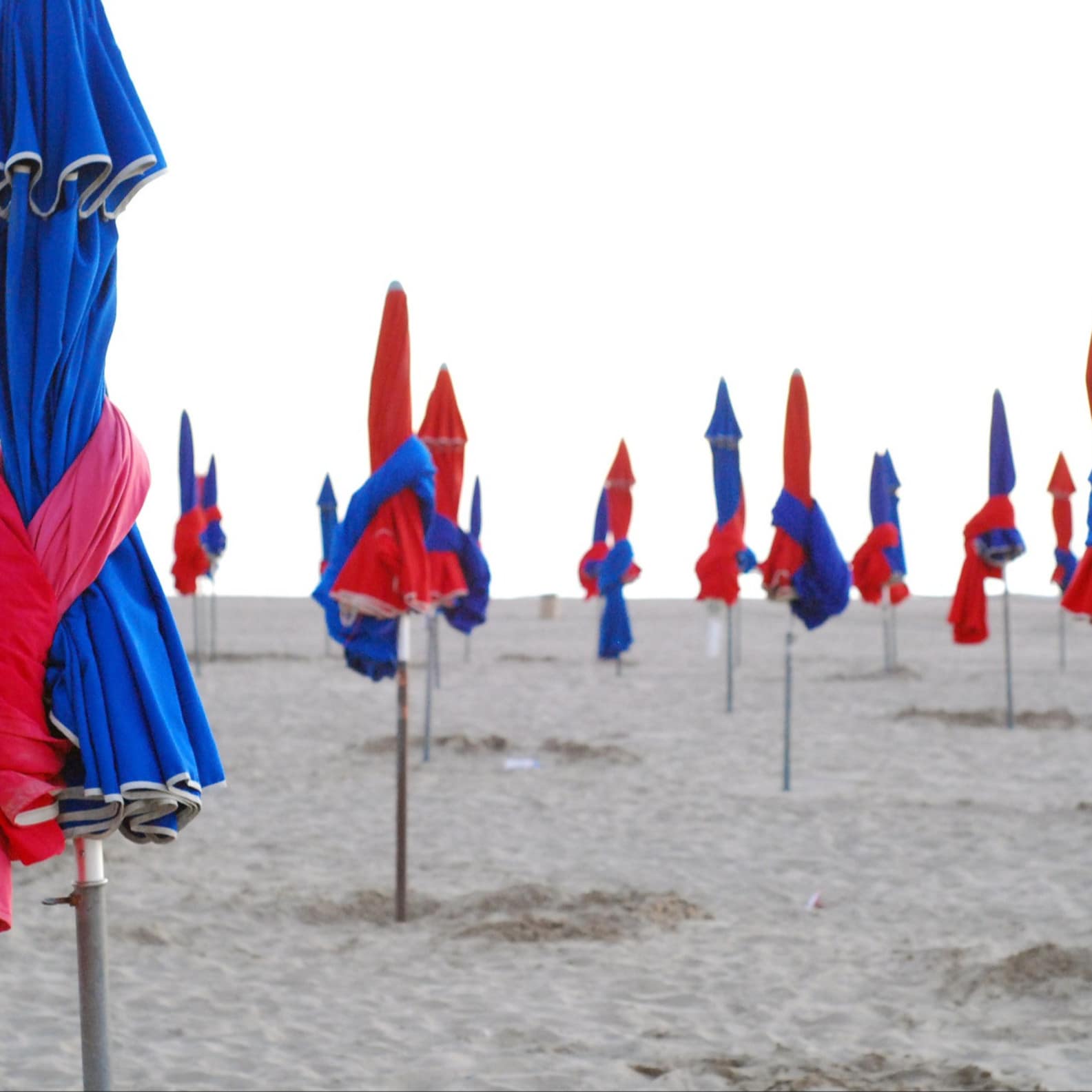 Parasols bleus et rouges plantés dans le sable de Deauville