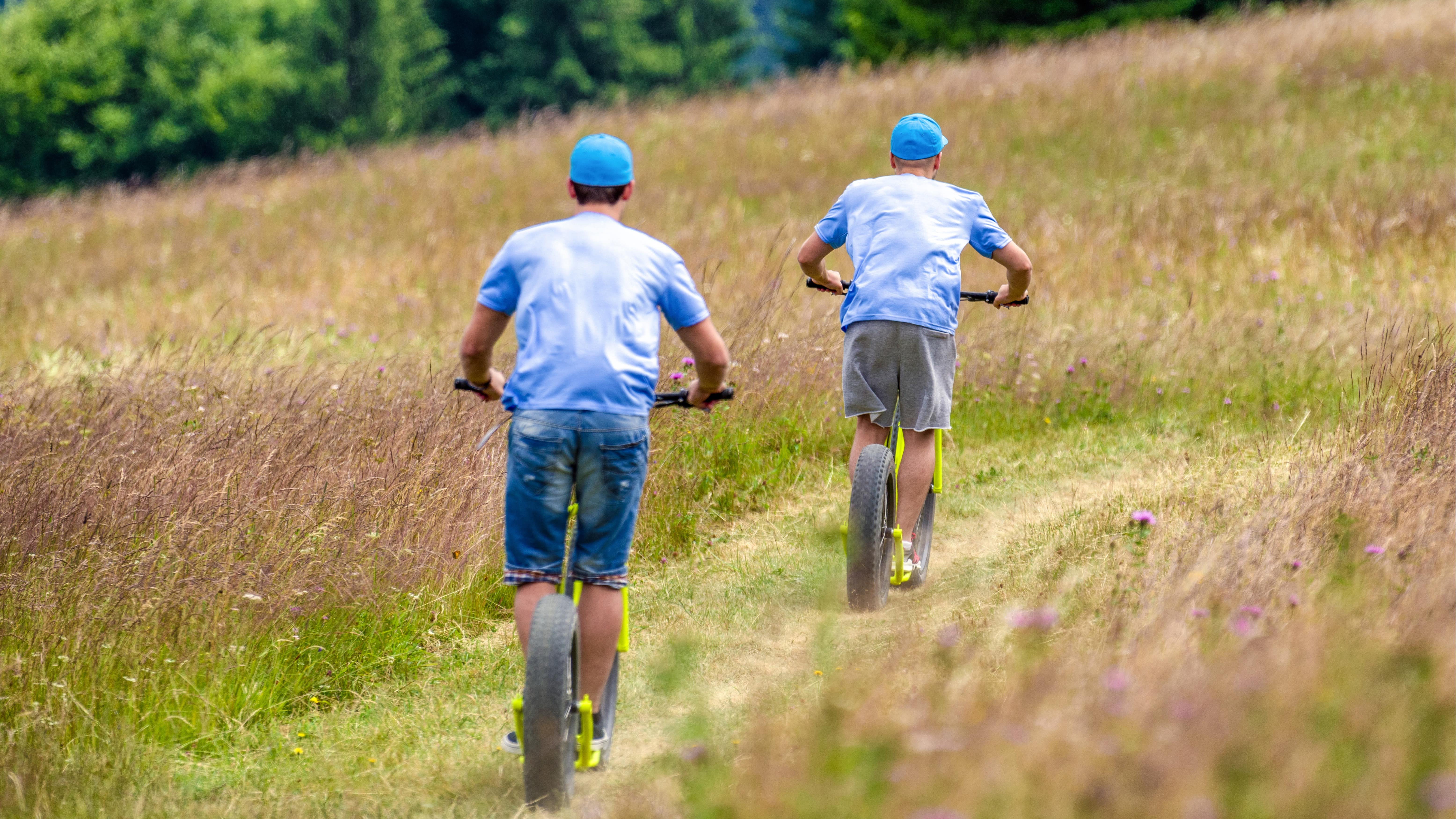 Deux jeunes dévalant les pentes à trottinette