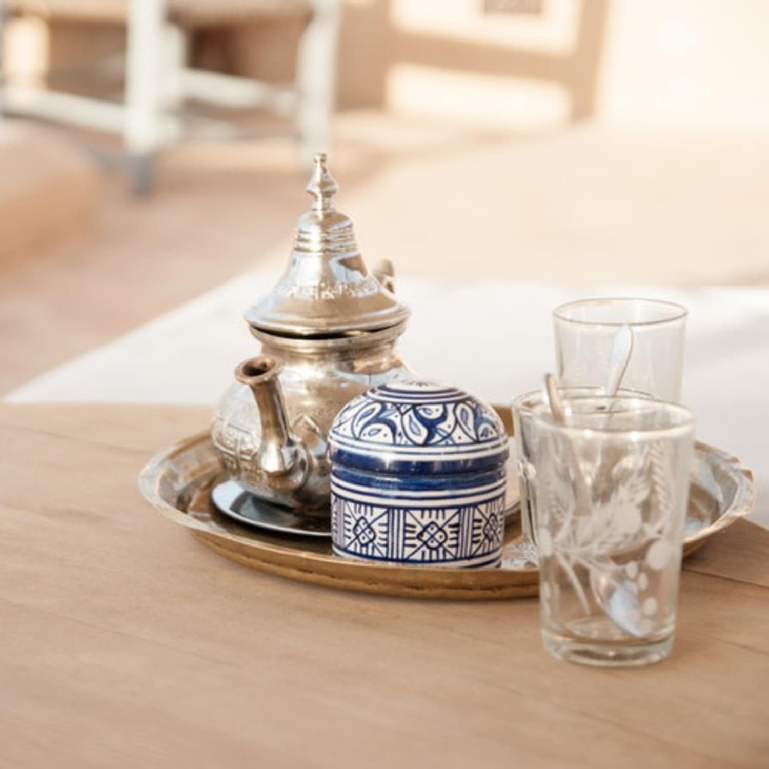 Plateau en argent, service à thé, Maroc, villa Marrakech